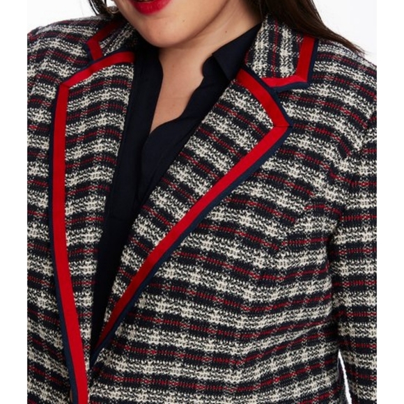 Court & Rowe Plaid Tweed Blazer Navy Blue Red Ribbon Trim Women's Size 18W - Picture 3 of 14